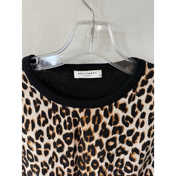 Equipment Femme Wool Leopard Print Sweater Medium Black Tan Long Sleeve Pullover - Picture 2 of 6